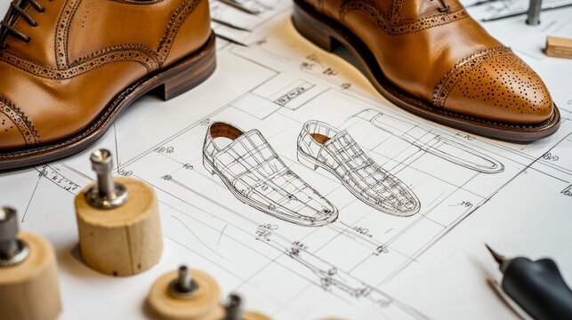 Crafting elegant leather shoes involves detailed sketches and precise craftsmanship in a workshop setting