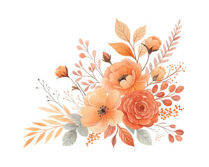 Orange watercolor floral arrangements featuring wildflowers, leaves, and branches. Botanical illustration perfect for wedding cards, invitations, and seasonal decorative artwork.