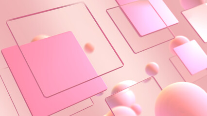 ガラスの板や流体が浮かぶグラスモーフィズム風の立体空間 - ピンク