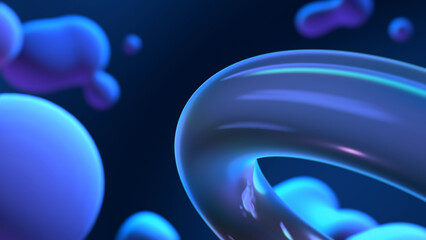 ガラスや流体が浮かぶグラスモーフィズム風の立体空間 - ダークブルー