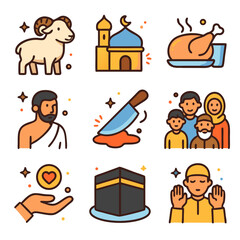 Colorful Eid al-Adha Icons: Family, Sacrifice, and Religious Symbols