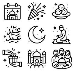 Black and White Line Art Icons Celebrating Eid Festival