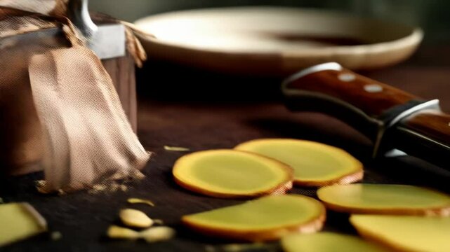 Ginger rhizome grating with vintage mandoline slicer on wooden board, food preparation, warm light, focus on the fresh root.