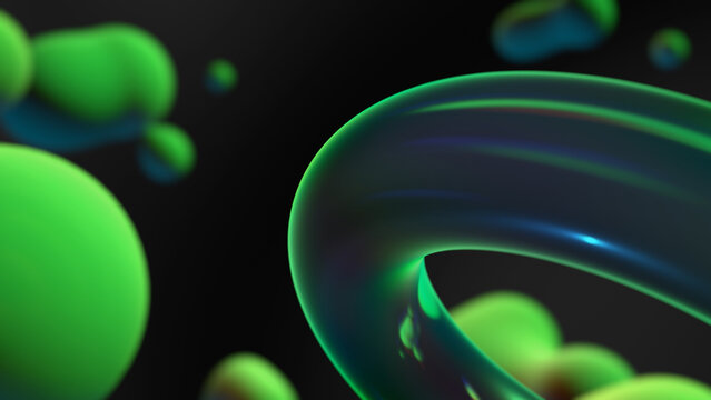 ガラスや流体が浮かぶグラスモーフィズム風の立体空間 - グリーン
