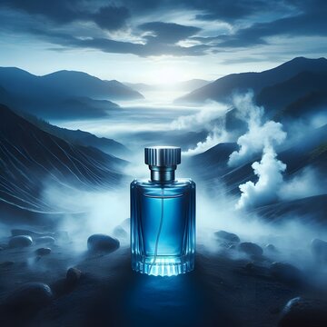 a Bblue perfume bottle in beautiful smoky landscape