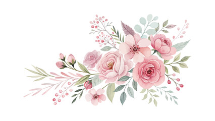 Romantic and soft pink watercolor wedding floral illustration on white background featuring elegant blooms and subtle leaves for cards and decoration