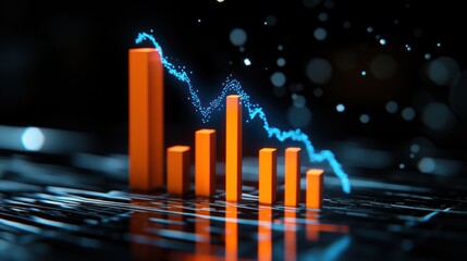 Market Trend Visualization: A dynamic data visualization displays a declining market trend, with vivid orange bars against a dark, blurred background.