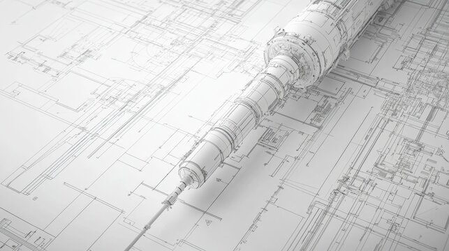Detailed blueprint illustrating a futuristic rocket design showcasing intricate structures and engineering elements in a technical layout