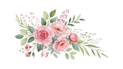Watercolor floral arrangements of roses and pink garden flowers with leafy branches. Botanical illustration collection isolated on white background for elegant design and decoration