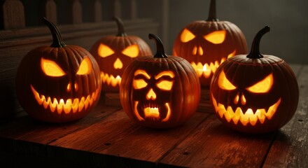 Lighted Carved Pumpkins on Rustic Wooden Table Halloween
