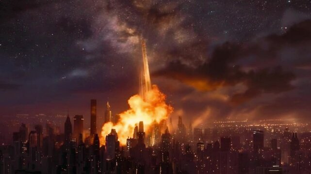 隕石が都市に落下して爆発を起こす