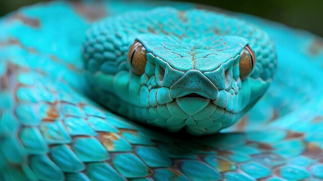 Blue pit viper resting on a branch in the lush rainforests of Indonesia, showcasing its striking turquoise scales and keen eyes during daylight hours