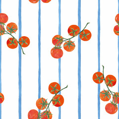 Seamless pattern with hand-painted tomatoes on a light blue striped background. Acrylic style, perfect for textiles, wallpaper, packaging, and summer-themed designs.