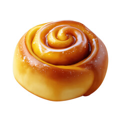 Fototapeta premium Swirled cinnamon roll glazed with a shiny caramel topping, showcasing its spiral design and sweet appearance. transparent background