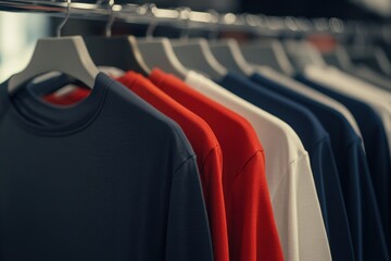 Long sleeve shirts hanging on rack in retail store
