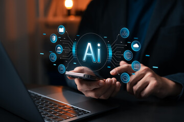Businessman using artificial intelligence on smartphone with data and cloud network icons, AI technology for automation, innovation, digital transformation and smart business solutions.