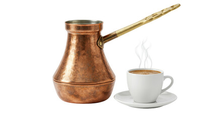 Isolated Copper Turkish Coffee Pot with Cup of Coffee and Steam