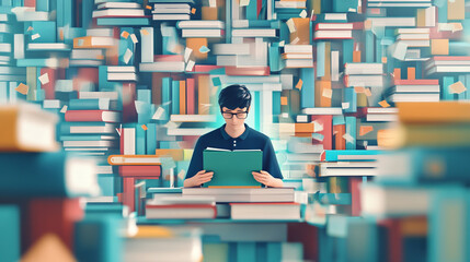 A dedicated millennial student immersed in higher education, balancing traditional study materials with digital resources