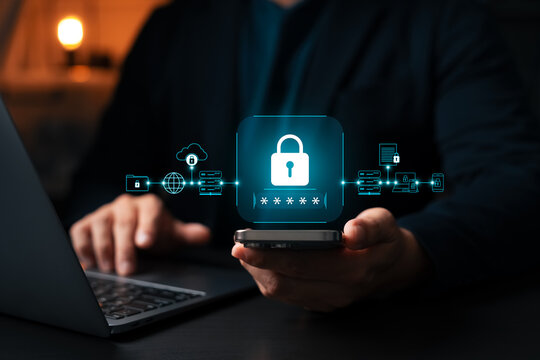 Cyber security concept showing businessman using smartphone with padlock icon, password protection, data encryption, secure connection and digital privacy in modern technology.