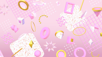 幾何学模様やテラゾー柄が並ぶオシャレな3DCG - ピンク