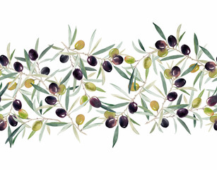 Hand-painted watercolor seamless pattern featuring horizontal olive branches with green and purple fruit. Perfect for kitchen textile, labels, packaging, wallpaper, and Mediterranean-inspired designs.