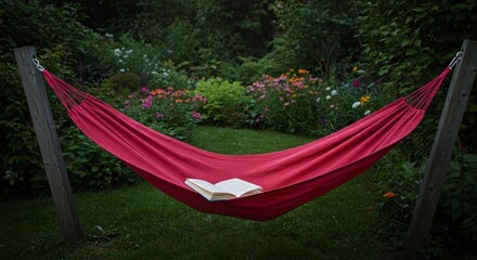 Red Hammock in a Vibrant Flower Garden