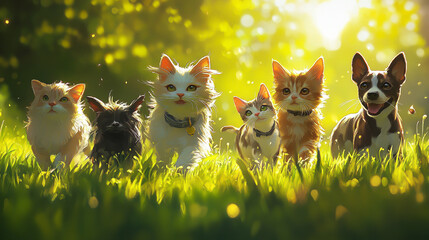 A group of playful pets, including two fluffy cats and a couple of energetic dogs, strolling through a vibrant