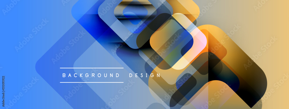 Poster abstract geometric shapes overlap. blue, yellow gradients create modern background design. minimalis