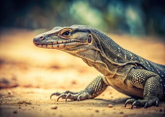 Obraz premium Majestic Thai Monitor Lizard: Vintage Shade Photography, Varanus salvator, Slow Motion, Sandy Habitat, Reptile, Ancient Lizard