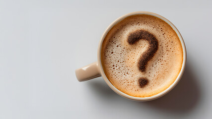 Minimalist coffee cup with steam forming a question mark, symbolizing late-night study fatigue on a warm cream background
