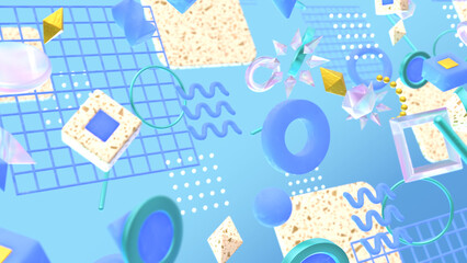 幾何学模様やテラゾー柄が並ぶ奥行き感のあるオシャレな3DCG - ブルー