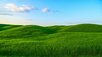 Fototapeta premium Green grass meadow and blue sky with clouds, a serene summer landscape