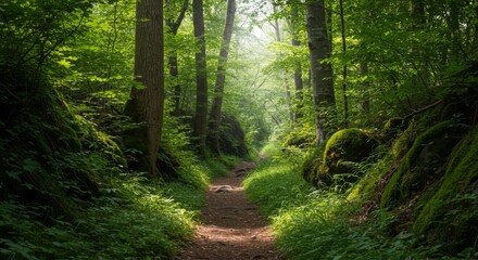 Obraz premium Sunlit Forest Path with Mossy Rocks