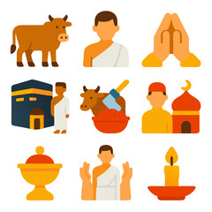 Hajj cow icons for Islamic pilgrimage, suitable for designs related to Islam, pilgrimage, religious events, and cultural celebrations.