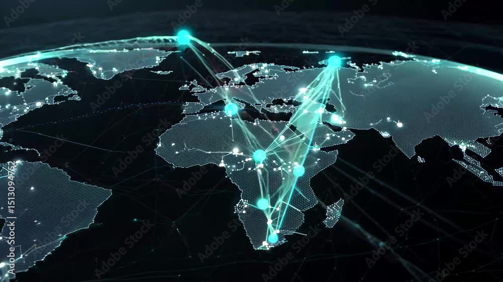 Poster an abstract representation of global networks showcasing points and lines on a dark background, symb
