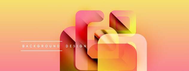 Abstract geometric shapes overlap, creating vibrant gradient effect. Warm colors dominate design, with text elements present.