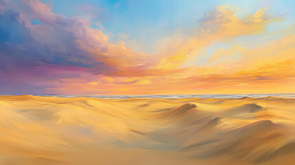 A stunning view of golden sand dunes along a tranquil beach at sunset, North Sea, Germany, with soft waves and vibrant sky colors