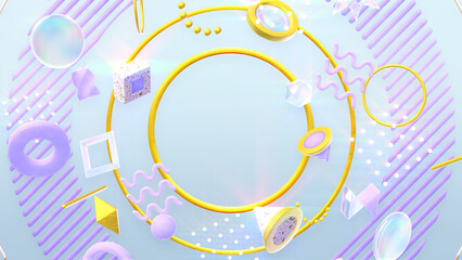 大きな円の上に様々な質感の幾何学模様が並ぶオシャレな3DCG - パープル