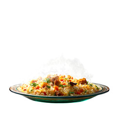Steaming Plate of Chicken Biryani – Isolated on Transparent Background

