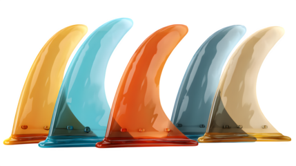 Surf fins in different colors, isolated on transparent background