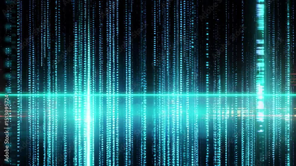 Poster binary code flowing seamlessly into a pixelated graphic landscape, creating a futuristic digital env