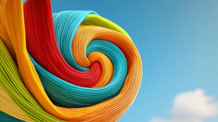 Fototapeta premium Abstract Swirling Textile Design in Vibrant Hues Against a Blue Sky