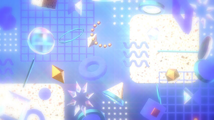 Naklejka premium 紗がかかった幾何学模様やテラゾー柄が並ぶオシャレな3DCG - ブルー