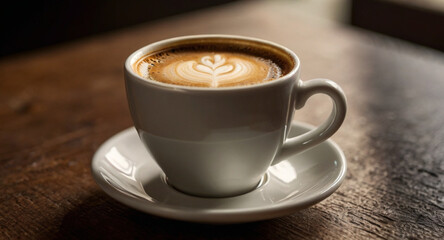 Fototapeta premium A cup of cappuccino with elegant latte art sits on a white saucer atop a rustic wooden table, lit by soft natural light from the side.