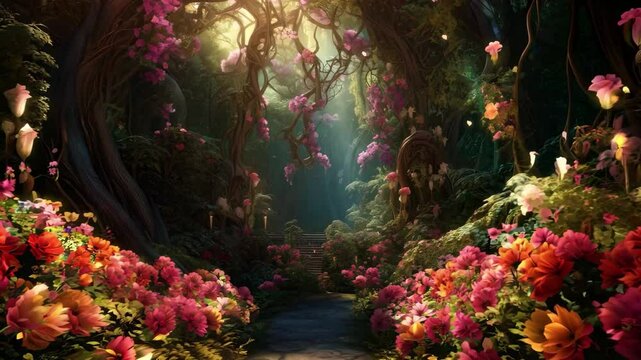 A magical forest path adorned with vibrant flowers and fluttering butterflies invites exploration and wonder, bathed in soft golden light during the enchanting hours of the evening