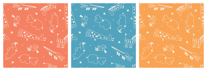 Vector Set of Safari Animals Seamless Doodle Patterns