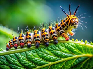 Naklejka premium Panoramic Caterpillar on Leaf, Insect Macro Photography, Nature Wildlife, Green Leaf, Crawling Caterpillar