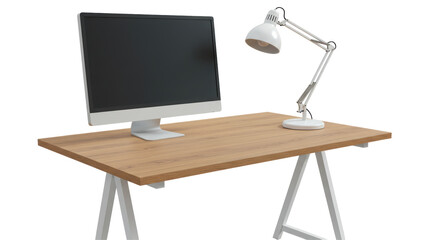 Isolated Desk with Computer Monitor and Lamp, Minimalist Workplace