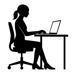 Silhouette of woman working on laptop while seated at desk  