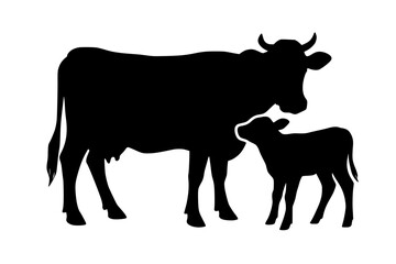Black silhouettes of a cow and calf standing together  